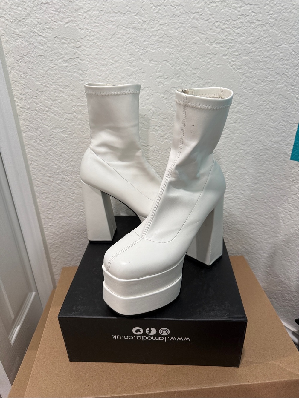 White Platform Block Heel Sock Boot with High Platform